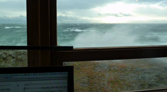 Alex's desk view during a storm